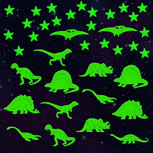 LAITER (16 Dinosaurios + 100 Estrellas Luminosas Pegatinas de Pared) Fluorescente de Plástico PVC Ecológico Adhesivos para Decoración de Pared en Dormitorio de Niños Chicos Niñas Bebé