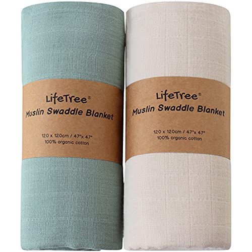 LifeTree Pack de 2 Bebé Muselina Swaddle Manta, 100% Orgánico Algodón Muselinas Mantitas para Bebes, Mantas Envolventes 120x120 cm