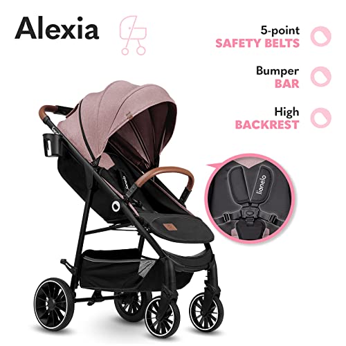 LIONELO Alexia silla de paseo hasta 15 kg posición tumbada capota XXL con material protector solar ruedas PU bolsa mosquitero portavasos cubierta para las piernas (Rosa)