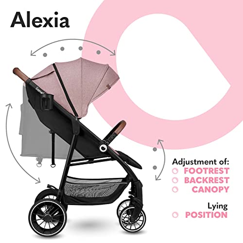 LIONELO Alexia silla de paseo hasta 15 kg posición tumbada capota XXL con material protector solar ruedas PU bolsa mosquitero portavasos cubierta para las piernas (Rosa)