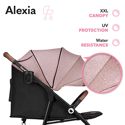 LIONELO Alexia silla de paseo hasta 15 kg posición tumbada capota XXL con material protector solar ruedas PU bolsa mosquitero portavasos cubierta para las piernas (Rosa)