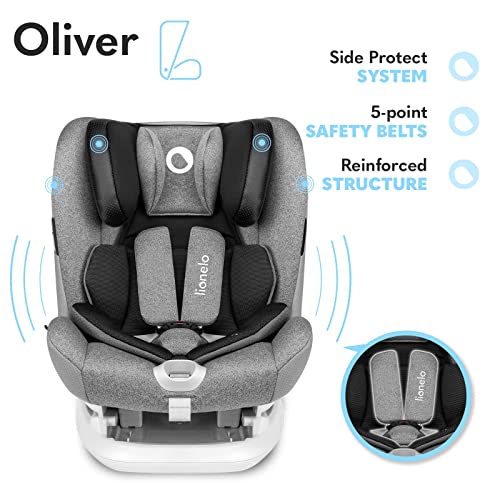 LIONELO Oliver Asiento de seguridad 46 x 59 x 55-74 cm 9-36 kg Regulación del respaldo de 4 niveles 2 Posibilidad de montaje orientado hacia delante y hacia artás Cinturones con 5 puntos Gris