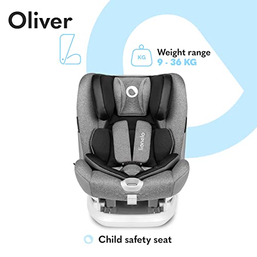 LIONELO Oliver Asiento de seguridad 46 x 59 x 55-74 cm 9-36 kg Regulación del respaldo de 4 niveles 2 Posibilidad de montaje orientado hacia delante y hacia artás Cinturones con 5 puntos Gris