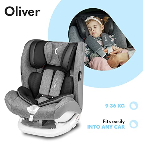 LIONELO Oliver Asiento de seguridad 46 x 59 x 55-74 cm 9-36 kg Regulación del respaldo de 4 niveles 2 Posibilidad de montaje orientado hacia delante y hacia artás Cinturones con 5 puntos Gris