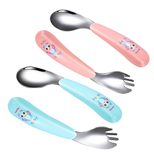 Liwein 4 Piezas Utensilios para Bebé Cubertería Infantil Acero Inoxidable Tenedor para Bebé Cubiertos para Niños Autoalimentación Cucharas de Entrenamiento Tenedores