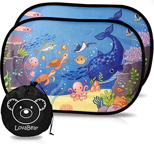 Lovabear Cortinillas Parasol Coche Bebe - Adherencia Sin Ventosas, Dos Piezas 51 * 31 cm, con Protección Superior Rayos UV y Calor, (SunShield+) (Oceano)