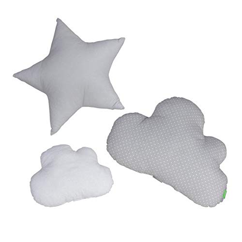 Lulando Juego de 3 Cojines Decorativos con diseño de Nubes y Estrellas, para habitación de los niños, con Relleno, Color Gris