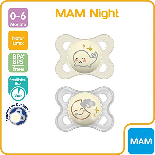 MAM Night LATEX, 0-6 meses, Conjunto de 4 chupetes que brillan en la oscuridad con 2 esterilizable estuche de viaje