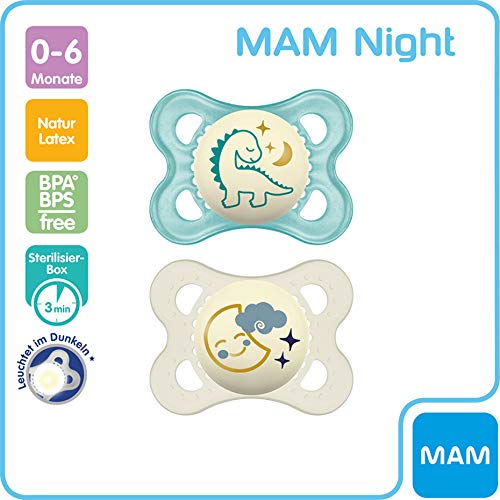 MAM Night LATEX, 0-6 meses, Conjunto de 4 chupetes que brillan en la oscuridad con 2 esterilizable estuche de viaje