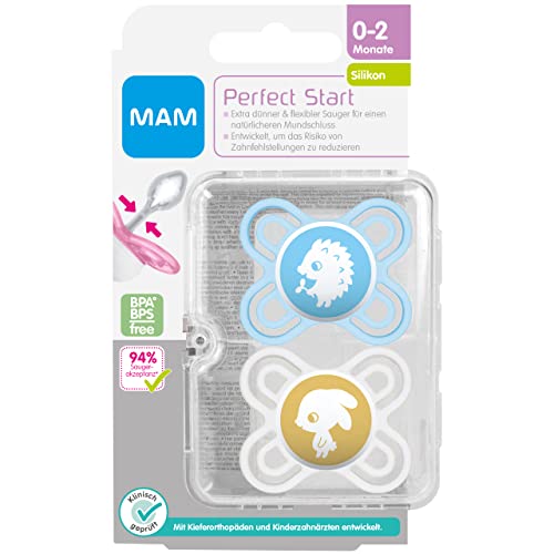 MAM Perfect Start - Juego de 2 chupetes de silicona que previene la deformación de dientes, con caja para chupete, 0-2 meses, erizo/conejo, Instrucciones en Lengua Extranjera