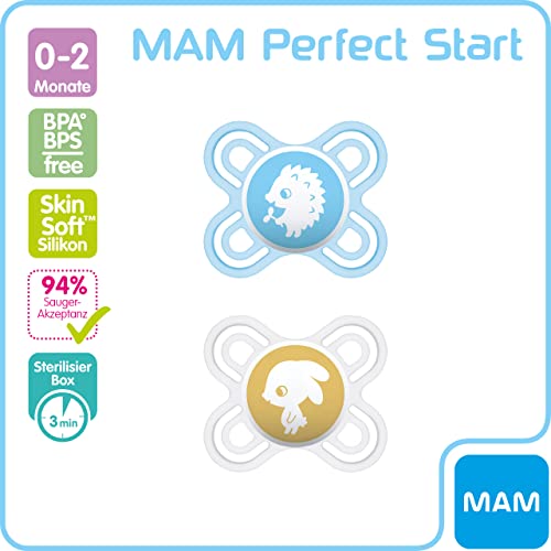 MAM Perfect Start - Juego de 2 chupetes de silicona que previene la deformación de dientes, con caja para chupete, 0-2 meses, erizo/conejo, Instrucciones en Lengua Extranjera