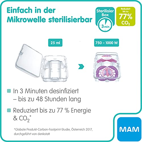 MAM Perfect Start - Juego de 2 chupetes de silicona que previene la deformación de dientes, con caja para chupete, 0-2 meses, erizo/conejo, Instrucciones en Lengua Extranjera