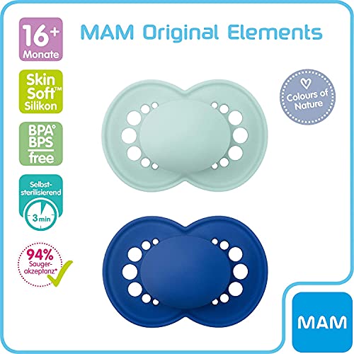 MAM Supreme - Juego de 2 chupetes para bebé para el desarrollo saludable de los dientes y la mandíbula, incluye caja de chupete, +16 meses, arcoíris-Instrucciones en lengua extranjera