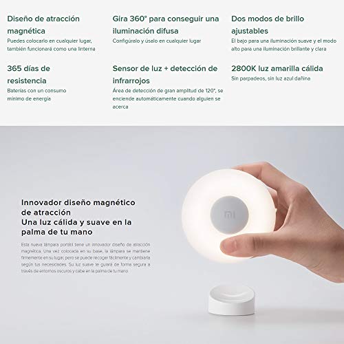 Mi Motion-Activated Night Light 2 Blanco Luz giratoria magnética de 360 °Rotación magnética de 360°, te hará compañía todas las noches