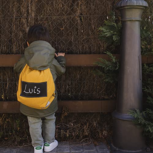 MIMUSELINA Mochilas guardería. Bolsa tela con cuerdas para guarde. Pack bolsa grande y bolsa pequeña guardamuda anti-calado. Mochila infantil pintar Nombre con rotulador Tiza (Mustard)