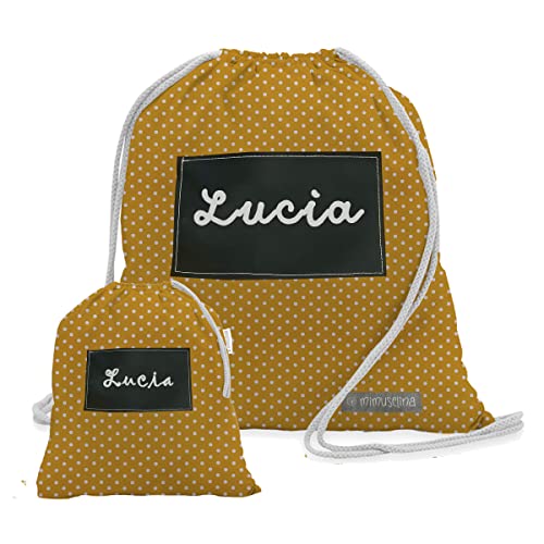 MIMUSELINA Mochilas guardería. Bolsa tela con cuerdas para guarde. Pack bolsa grande y bolsa pequeña guardamuda anti-calado. Mochila infantil pintar Nombre con rotulador Tiza (Mustard)