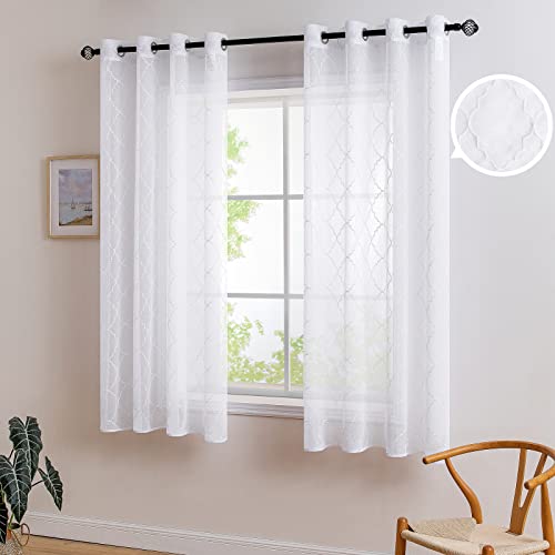 MIULEE Cortinas Bordadas Translucida de Dormitorio Visillos de Habitación con 8 Anillas Poliéster Dedoración Moderna para Ventana Salón Cuarto Comedor Cocina 140x160cm 2 Hojas Geometría Blanco