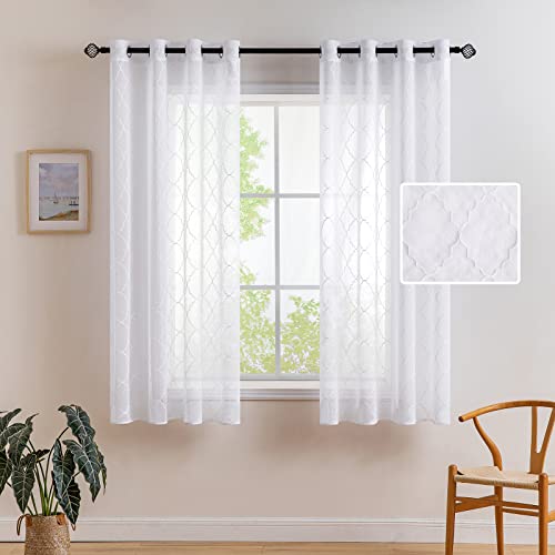 MIULEE Cortinas Bordadas Translucida de Dormitorio Visillos de Habitación con 8 Anillas Poliéster Dedoración Moderna para Ventana Salón Cuarto Comedor Cocina 140x160cm 2 Hojas Geometría Blanco