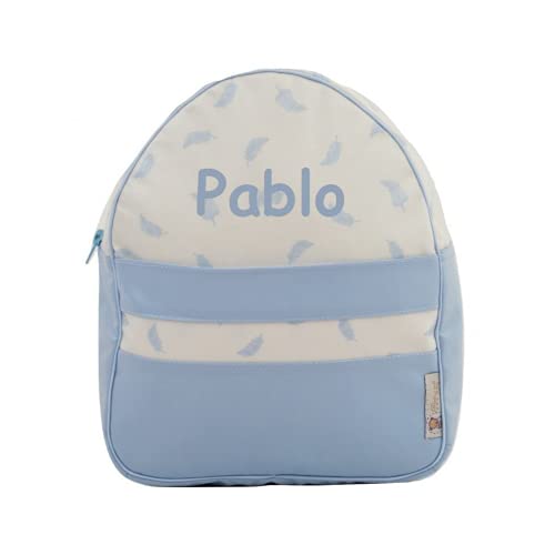 Mochila Infantil Personalizable en Plastificado - Mochila Bebé - Modelo Little Nordic - Color Plumas Celeste - Medidas 11 x 24 x 30 cm - Personalizar Regalos - Handmade - Hecho en España - nenel