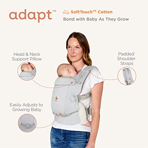 Mochila portabebé Ergobaby Adapt para recién nacidos desde el nacimiento, portabebé ergonómico de Algodón SoftTouch de 3 posiciones para transportar en el abdomen y en la espalda, Pearl Grey