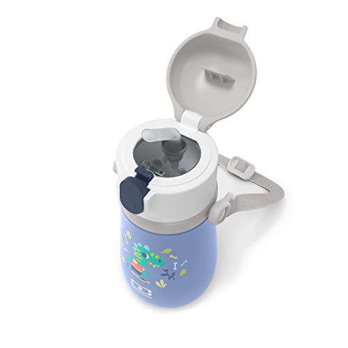 MONBENTO - Botella Niños con Paja MB Stram Dino - Botella Termica Acero Inoxidable - 360ml - Hermética - Mantiene las Bebidas Calientes/Frías hasta 12 Horas - Sin BPA - Correa y Asas Incluidas - Azul