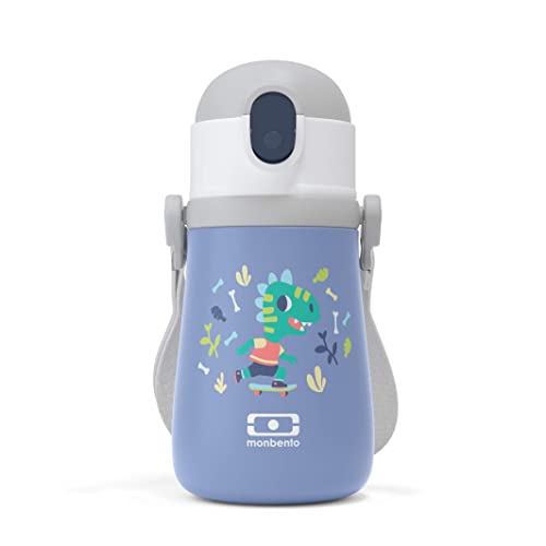 MONBENTO - Botella Niños con Paja MB Stram Dino - Botella Termica Acero Inoxidable - 360ml - Hermética - Mantiene las Bebidas Calientes/Frías hasta 12 Horas - Sin BPA - Correa y Asas Incluidas - Azul