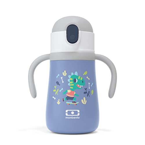 MONBENTO - Botella Niños con Paja MB Stram Dino - Botella Termica Acero Inoxidable - 360ml - Hermética - Mantiene las Bebidas Calientes/Frías hasta 12 Horas - Sin BPA - Correa y Asas Incluidas - Azul