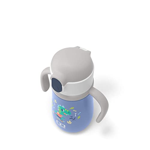 MONBENTO - Botella Niños con Paja MB Stram Dino - Botella Termica Acero Inoxidable - 360ml - Hermética - Mantiene las Bebidas Calientes/Frías hasta 12 Horas - Sin BPA - Correa y Asas Incluidas - Azul