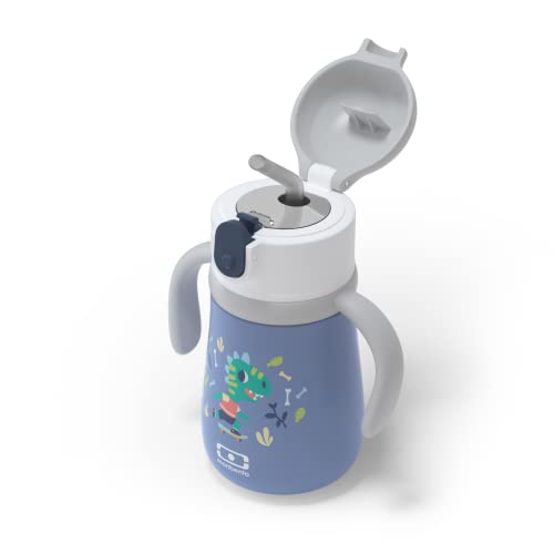 MONBENTO - Botella Niños con Paja MB Stram Dino - Botella Termica Acero Inoxidable - 360ml - Hermética - Mantiene las Bebidas Calientes/Frías hasta 12 Horas - Sin BPA - Correa y Asas Incluidas - Azul