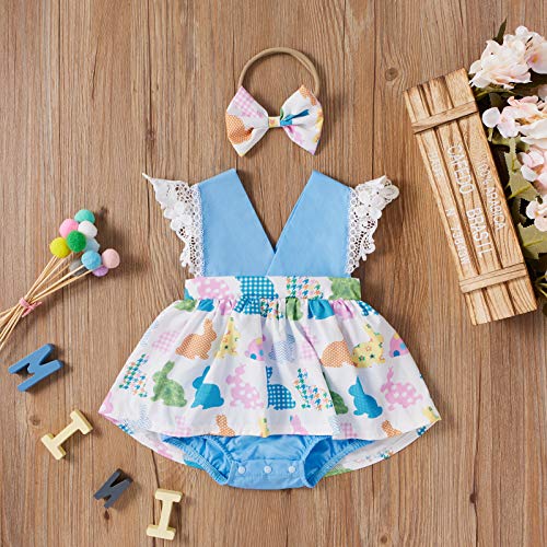 Mono Azul de Verano para Bebé Recién Nacida Mono de Vestido de Cuello V Manga Corta de Encaje con Estampado de Conejo Diadema con Lazo Mono Casual Ropa de Juego Niña Pequeña(Azul, 6-12 Meses)