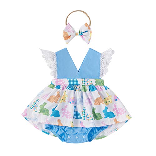 Mono Azul de Verano para Bebé Recién Nacida Mono de Vestido de Cuello V Manga Corta de Encaje con Estampado de Conejo Diadema con Lazo Mono Casual Ropa de Juego Niña Pequeña(Azul, 6-12 Meses)