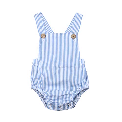 Mono Casual Verano Bebé Recién Nacido Niños Pantalones de Peto Mono Elegante sin Manga de Espalda Abierta Mono a Rayas o Color Sólido con Correa Ajustable para Bebé de 0 a 3 Años (Azul, 18-24 Meses)