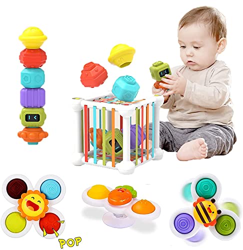 Morkka 12 Juguetes Montessori para niños y niñas, Juguetes sensoriales para bebés Cubo Colorido con 3 ventosas giratorios y Laberinto de Cuentas Aprendizaje temprano para niños pequeños de 1-3 años