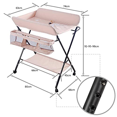 Mueble Cambiador Bebe Plegable y Portátil, Cambiador con 4 Ruedas, 3 Posiciones de Ajuste de Altura, Bañera Cambiador con Patrón de Jirafa (rosado)