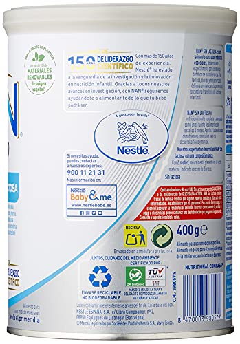 Nan ExpertPRO sin lactosa- Tratamiento dietético de lactantes y niños con intolerancia a la lactosa, frecuentemente asociada a trastornos diarreicos, 400 g