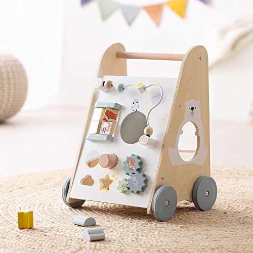 Navaris Andador de madera para bebé - Carrito correpasillos para primeros pasos con juguetes y actividades - Carro caminador para bebés +18 meses