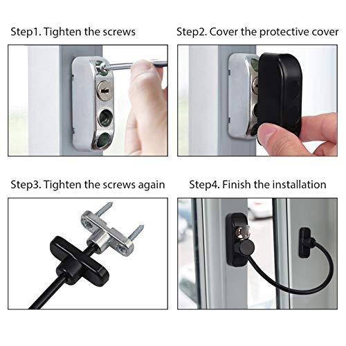 Neoteck 2 pcs Seguridad para Ventana/Puerta Cierre de Seguridad para Niño Restrictor de Ventana Cable de Bloqueo para Niños Bebés Familia Aplicaciones Públicas y Comerciales-Negro