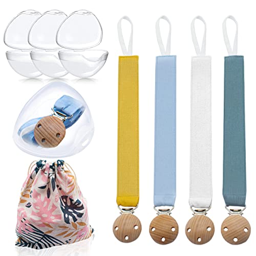 NICEKOOL® Cadenas para Chupetes - Chupetes de Clip Bebé 9 en 1, 4 Clips para Chupete de Babies de algodón Madera, 4 Caja de Chupete, 1 Cordón bolsa, Chupetero Bebé Infante Niños y Niñas, 30 CM