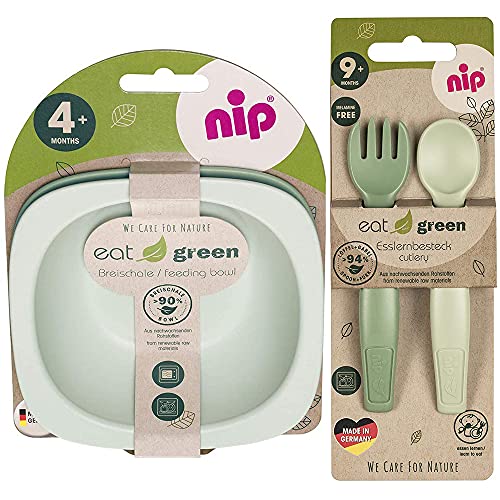 NIP Vajilla neutra ecológica a partir del 9 meses, 2 cuencos para galletas y cubiertos ecológicos Eat Green para aprender a comer de forma ecológica, aptos para microondas