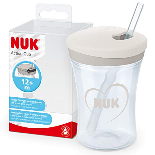 NUK Action Cup Taza Para Niños, +12 Meses, Pajita Blanda De Accionamiento Por Giro, A Prueba De Fugas, Sin Bpa, 230 Ml, Gris Y Blanco, 1 Unidad