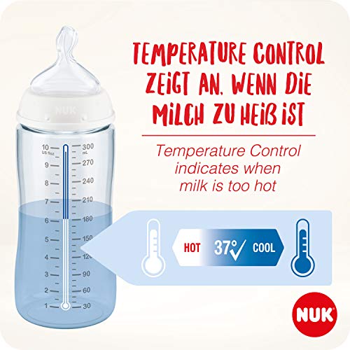 NUK First Choice+ Biberón | 6-18 meses | Control de temperatura | Control de flujo | Válvula anticólico | 300 ml | Sin BPA (bisfenol A.) | Tetina de silicona | Jirafa rosa