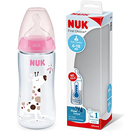 NUK First Choice+ Biberón | 6-18 meses | Control de temperatura | Control de flujo | Válvula anticólico | 300 ml | Sin BPA (bisfenol A.) | Tetina de silicona | Jirafa rosa