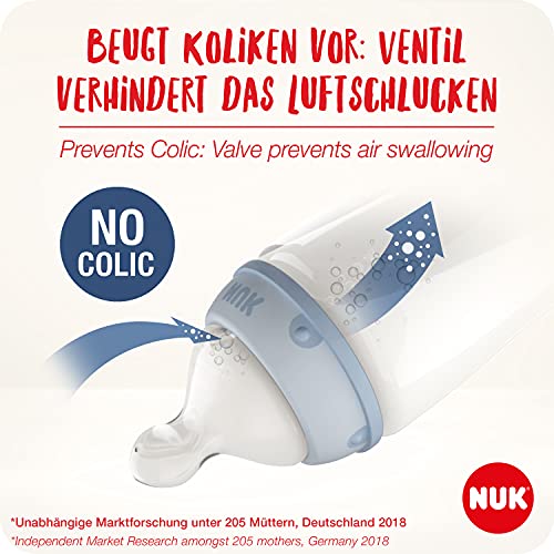 NUK First Choice+ - Biberón con indicador de temperatura (150 ml, 0-6 meses, anticólicos, sin BPA, con tractor), color azul