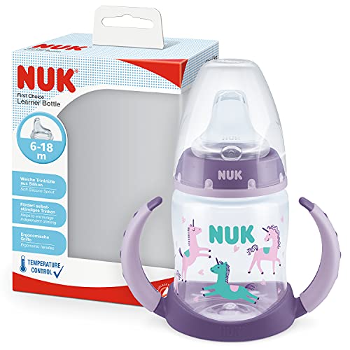 NUK First Choice+ - Biberón para aprender a beber de 6 a 18 meses, 150 ml, indicador de control de temperatura, boquilla antigoteo, asas ergonómicas, sin BPA, unicornio