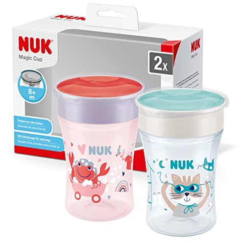 NUK Magic Cup vaso antiderrame bebe | Borde a prueba de derrames de 360° | +8 meses | Sin BPA | 230 ml | Cangrejo (morado) | 2 unidades