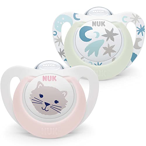 NUK Star Baby Dummy | 0-6 meses | Chupetes de día y noche | Silicona sin BPA | Gato rosa | 2 unidades