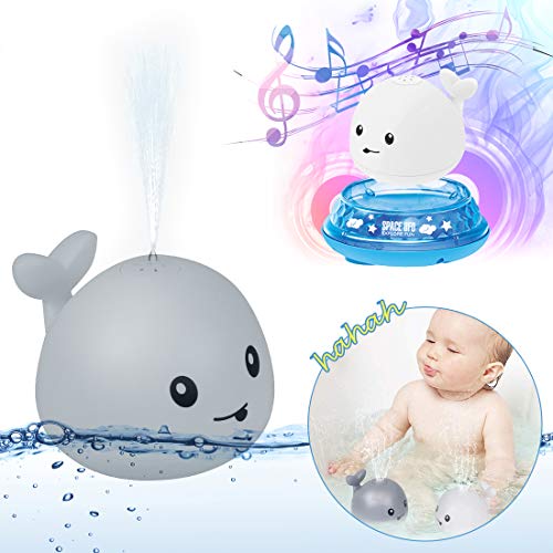 O-Kinee Juguetes de Baño para Bebés, Rociador de Ballena de Inducción Automática Juguetes Divertidos, Juguete de Agua, Juguete Sensorial de Rociado de Agua 2 en 1, Juguete de Fuente Musical (Gris)