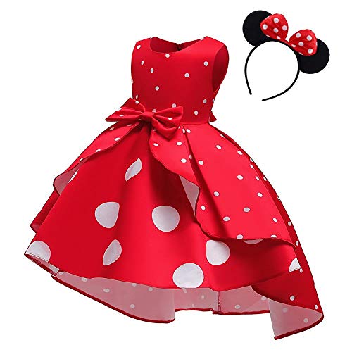 OBEEII Disfraz de princesa para bebé de lunares sin mangas de Minnie con diadema para Navidad, canaval, ceremonia, Halloween, cumpleaños, fiestas, 18 m y 11 A, #rojo + diadema, 6-7 Años