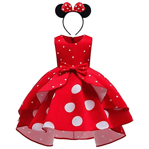 OBEEII Disfraz de princesa para bebé de lunares sin mangas de Minnie con diadema para Navidad, canaval, ceremonia, Halloween, cumpleaños, fiestas, 18 m y 11 A, #rojo + diadema, 6-7 Años