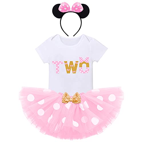 OBEEII Minnie Conjunto de Ropa para Bebé Niñas Princesa Disfraz Mono de Mangas Corta con Hombros con Lentejuelas con Cuello Redondo Vestido de Tul Tutú de Lunares Y Diadema 3 Piezas 2 Años